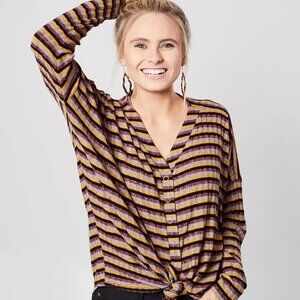 Buckle BKE Striped Drop Shoulder Top Women XL V-Neck Ribbed Snap Down